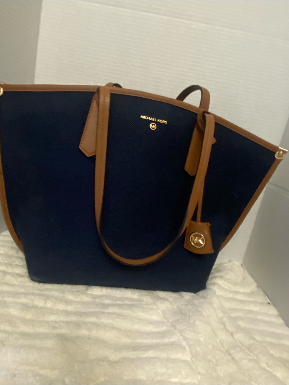 Michael Kors Jane Navy Canvas Tote with Tan Trim and Gold Hardware